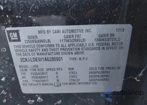 2010 Chevrolet Equinox Lt из США, поврежденный, VIN 2CNALDEW1A6286901